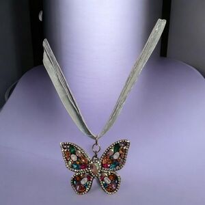 Rhinestone butterfly pendant  18"-20" blue ribbon necklace  Nwot  handcrafted
